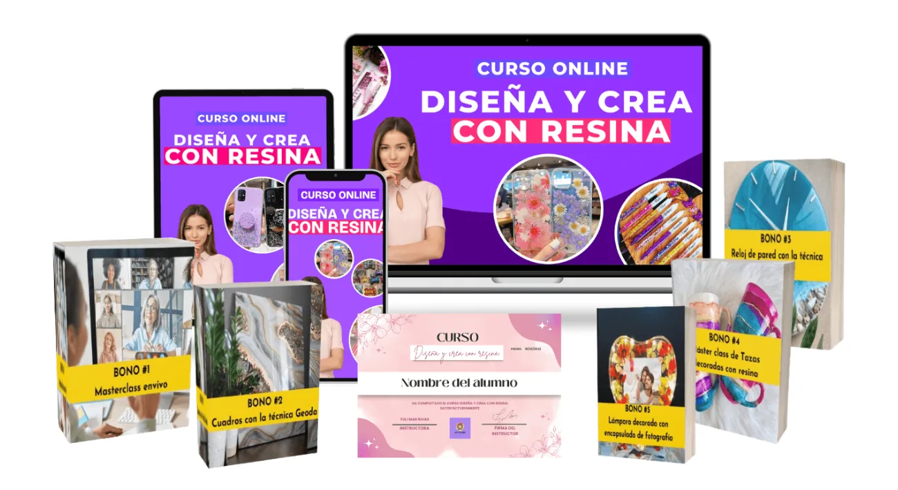 Todo lo que incluye el curso Diseña y Crea con Resina: clases, bonos y certificado